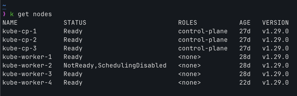 screenshot of kubernetes node listing