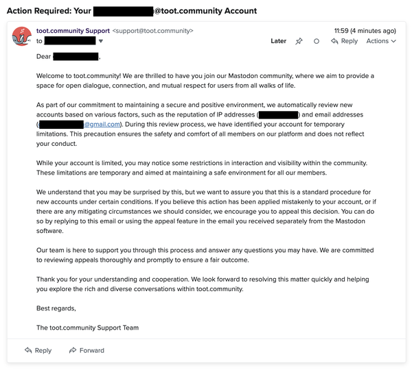 Screenshot of an email we send to users that are flagged for limitation on registration.